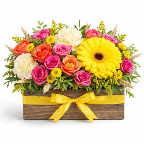 Цветочная композиция в ящике «Яркий сюрприз»
